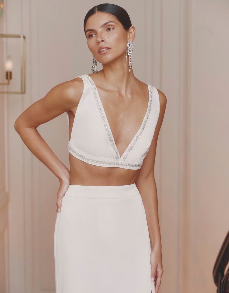 ASOS 4th & Reckless satin embellished trim bralette crop top co-ord in cream