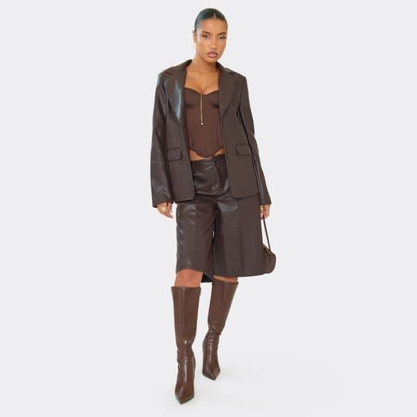 EGO EGO Mid Rise Button Front Jorts in Chocolate Brown Faux Leather