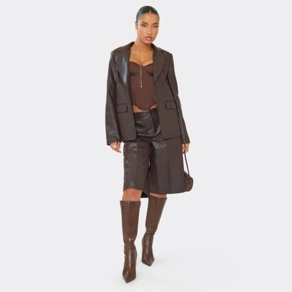 EGO Mid Rise Button Front Jorts In Chocolate Brown Faux Leather, Women's Size UK 6 - 1