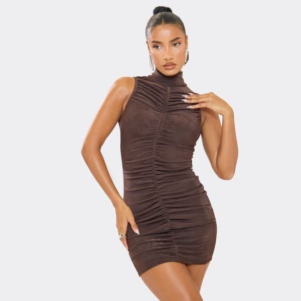 EGO High Neck Ruched Detail Mini Dress In Chocolate Brown, Women's Size UK 6