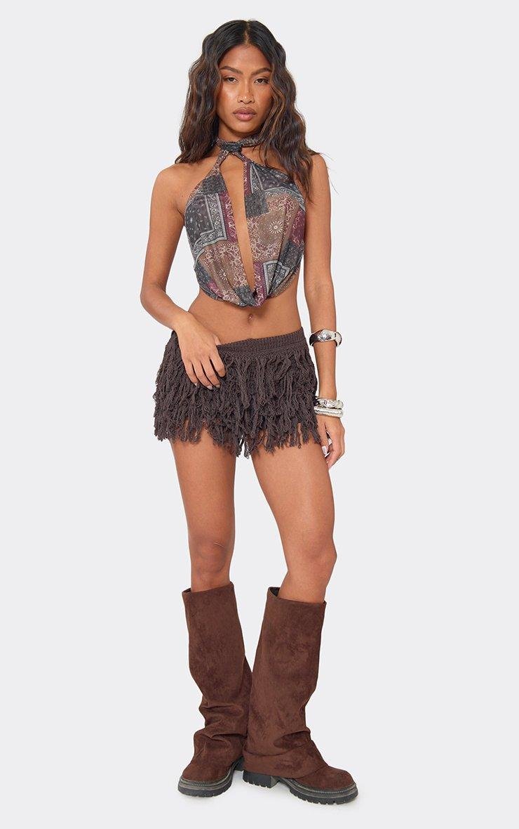 EGO Mid Rise Fringe Mini Shorts In Chocolate Brown Knit, Women's Size UK L - 2