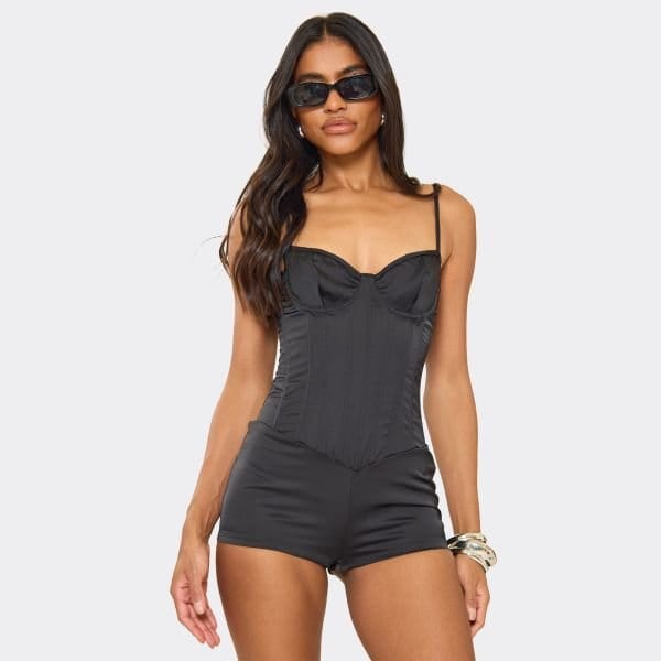 EGO Strappy Underwired Corset Detail Playsuit In Black Satin, Women's Size UK 6 - 1
