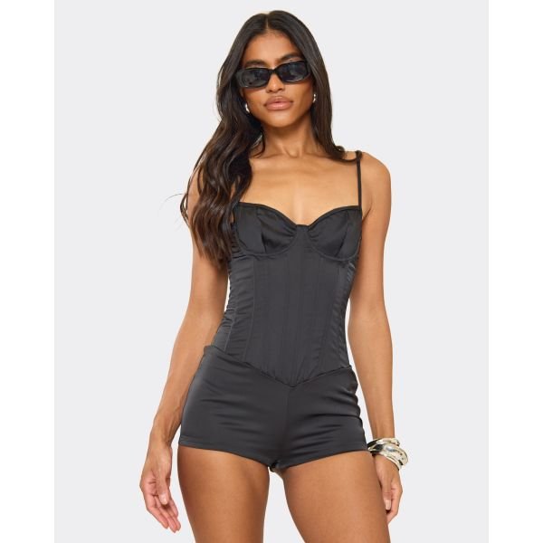 EGO Strappy Underwired Corset Detail Playsuit In Black Satin, Women's Size UK 6 - 2