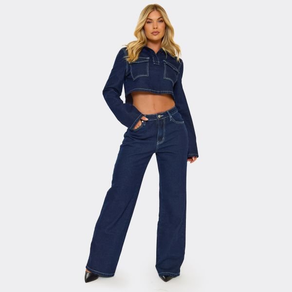 EGO Mid Rise Pocket Detail Wide Leg Jeans In Indigo Blue Denim, Women's Size UK 6 - 1