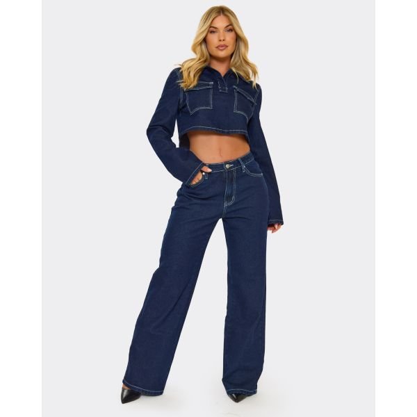 EGO Mid Rise Pocket Detail Wide Leg Jeans In Indigo Blue Denim, Women's Size UK 6 - 2