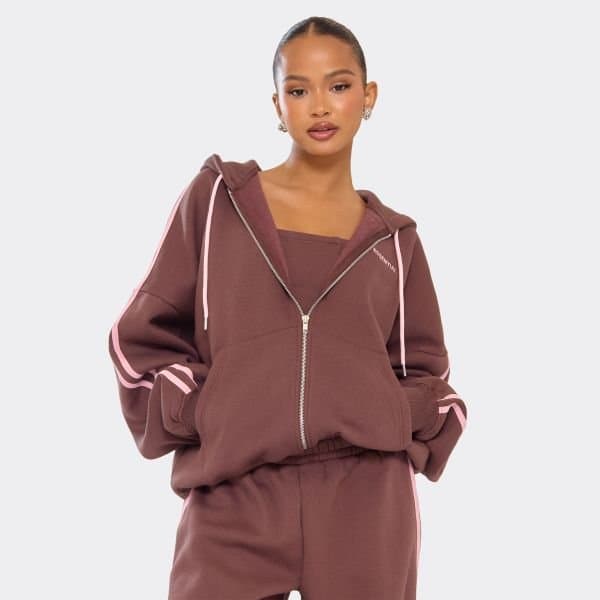 EGO Oversized Contrast Stripe Detail Essential Graphic Zip Up Hoodie In Chocolate Brown, Women's Size UK 4