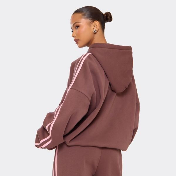 EGO Oversized Contrast Stripe Detail Essential Graphic Zip Up Hoodie In Chocolate Brown, Women's Size UK 4 - 2