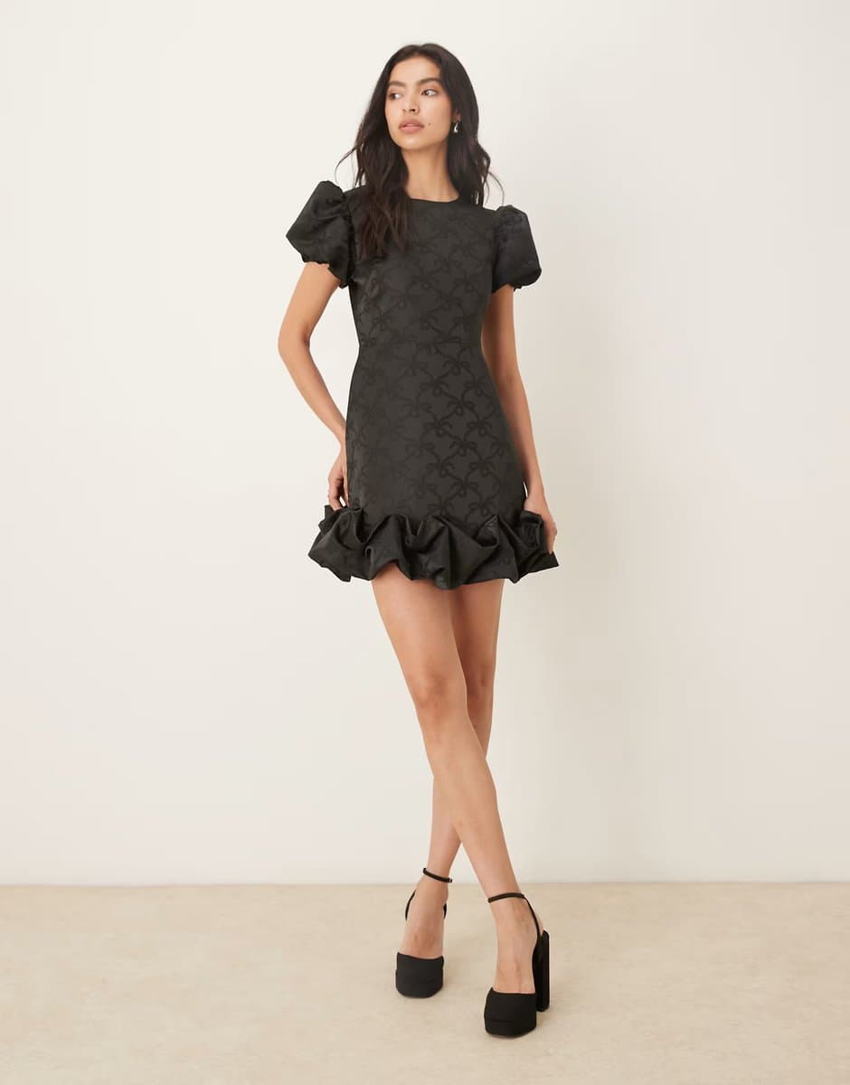 ASOS Sister Jane puff sleeve ruffle hem mini dress in black bow print