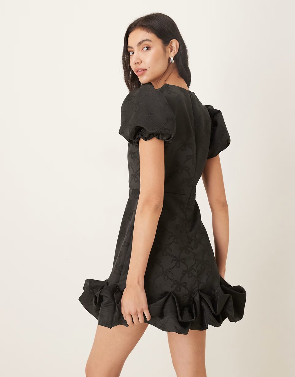 ASOS Sister Jane puff sleeve ruffle hem mini dress in black bow print - 3