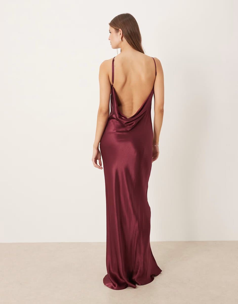 ASOS SNDYS satin one shoulder open cowl back detail maxi dress in plum