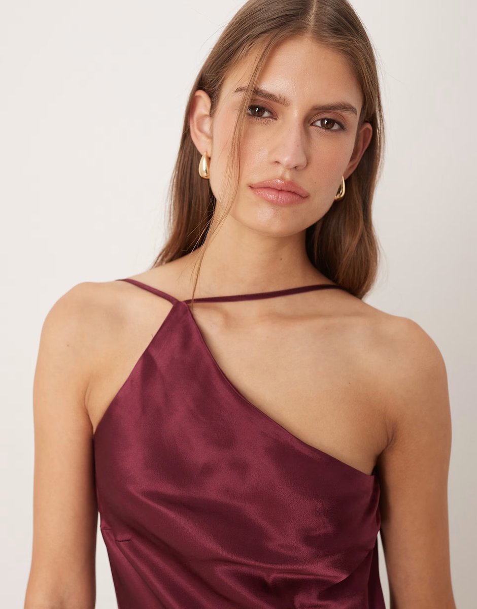 ASOS SNDYS satin one shoulder open cowl back detail maxi dress in plum - 2
