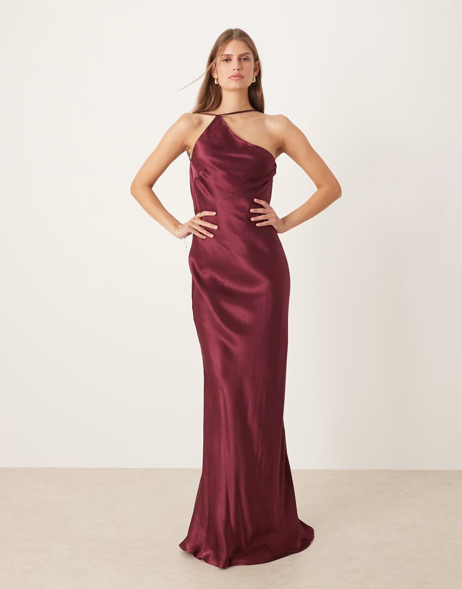 ASOS SNDYS satin one shoulder open cowl back detail maxi dress in plum - 3