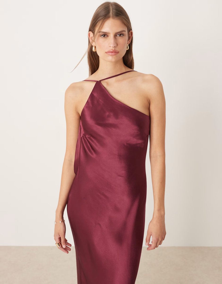 ASOS SNDYS satin one shoulder open cowl back detail maxi dress in plum - 4