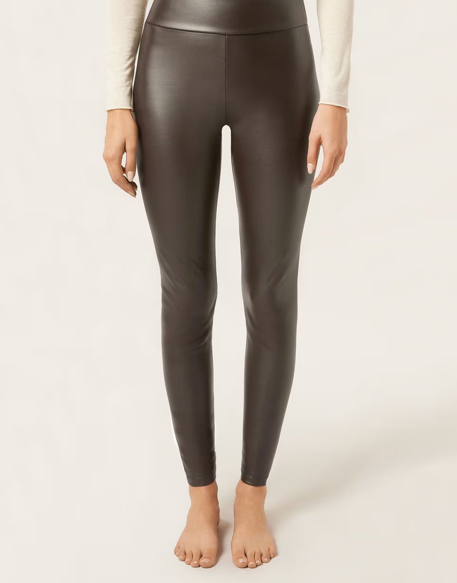 ASOS Calzedonia Thermal leather effect leggings in dark brown - 4