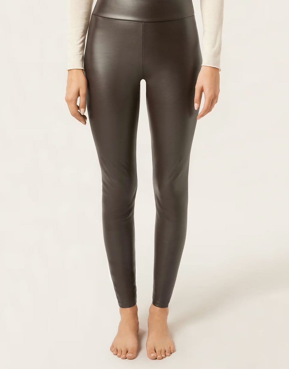 ASOS Calzedonia Thermal leather effect leggings in dark brown - 4
