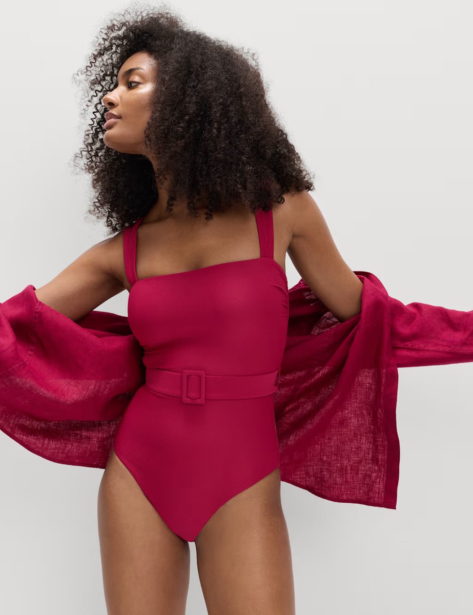 Marks & Spencer M&S Tummy Control Honey Comb Textured Belted Swimsuit Raspberry - 4