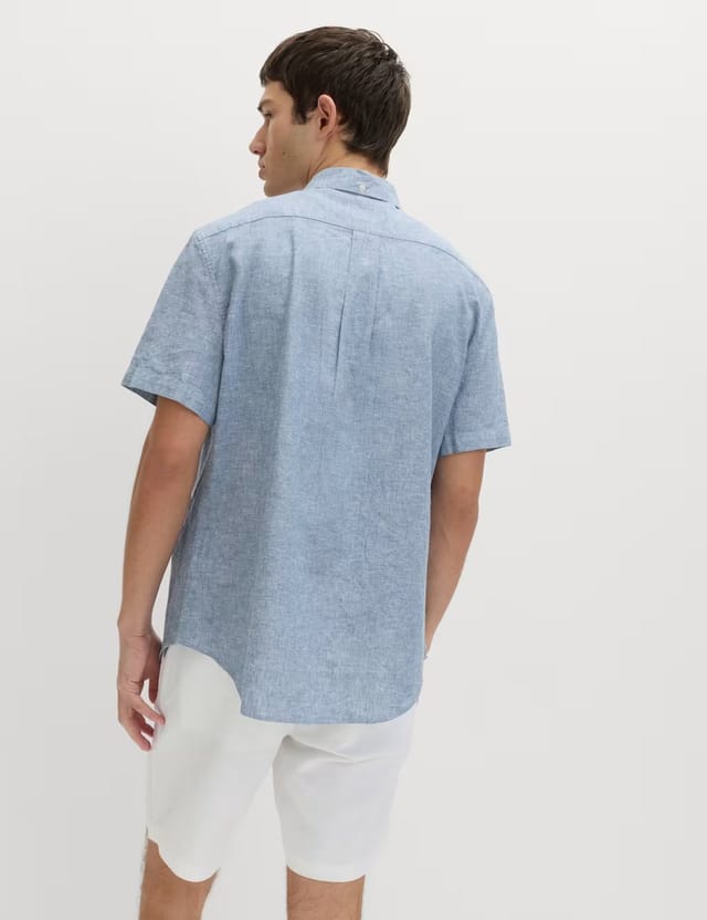 Marks & Spencer M&S Regular Fit Linen Rich Short Sleeve Shirt Chambray - 3