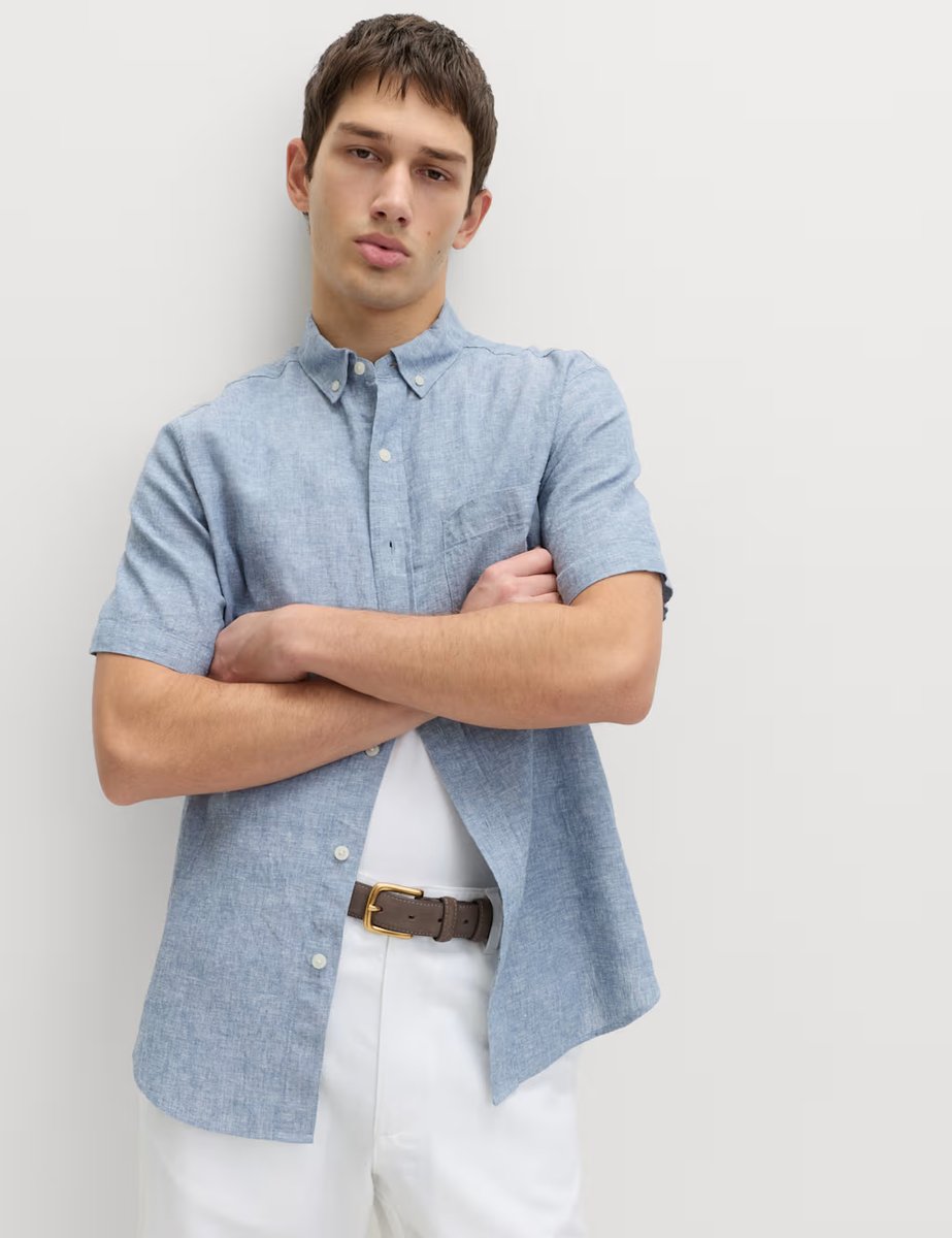 Marks & Spencer M&S Regular Fit Linen Rich Short Sleeve Shirt Chambray - 4