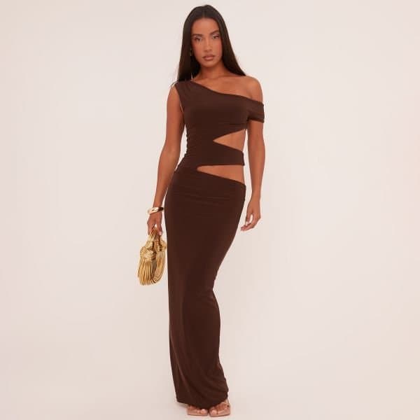 EGO SS243154 Aysmetric Cut Out Maxi Dress In Chocolate, Women's Size UK 12