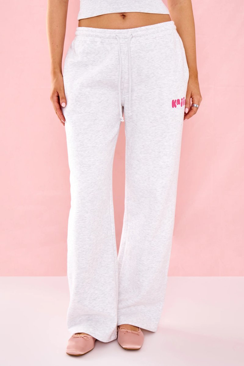 Kaiia Kaiia Bubble Graphic Wide Leg Joggers Light Grey Marl & Pink - 3