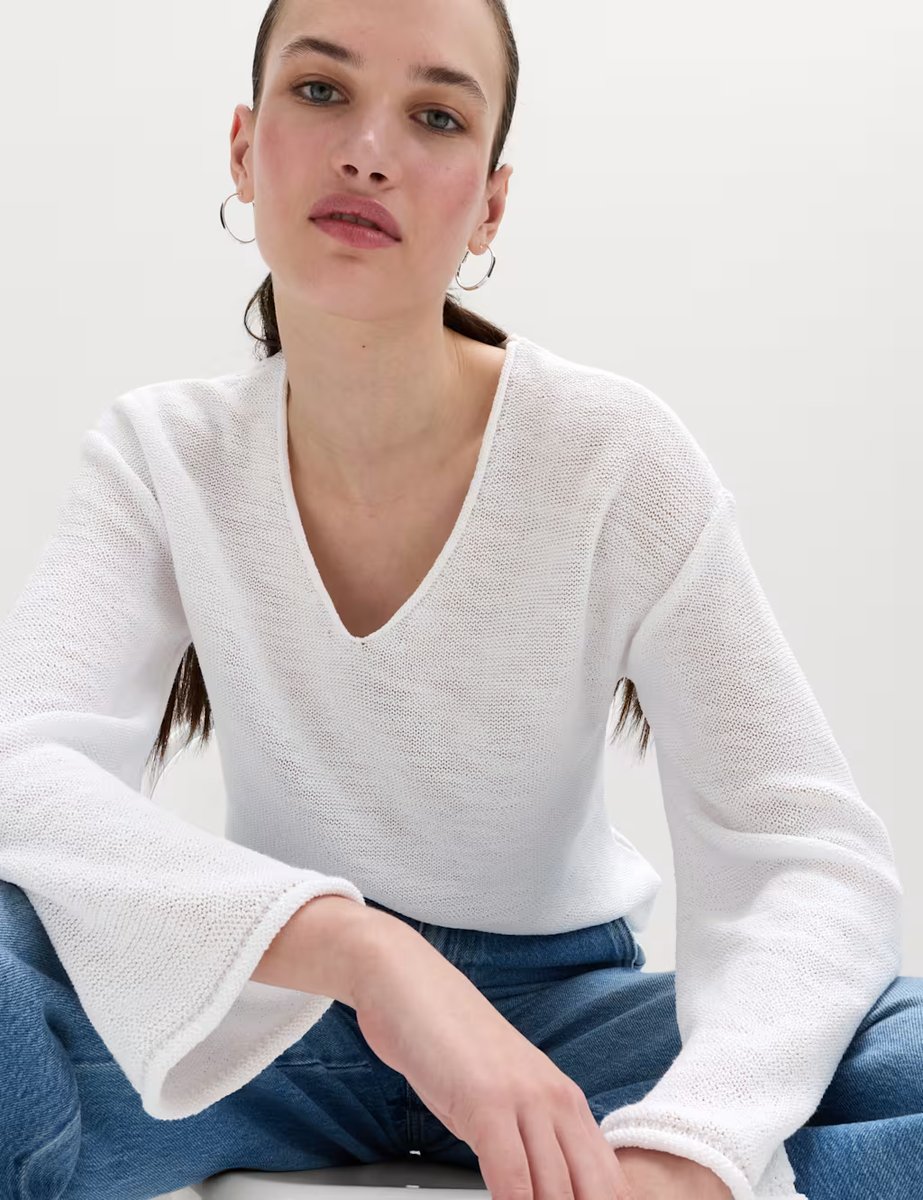 Marks & Spencer M&S Cotton Blend V-Neck Slim Fit Jumper Soft White - 1