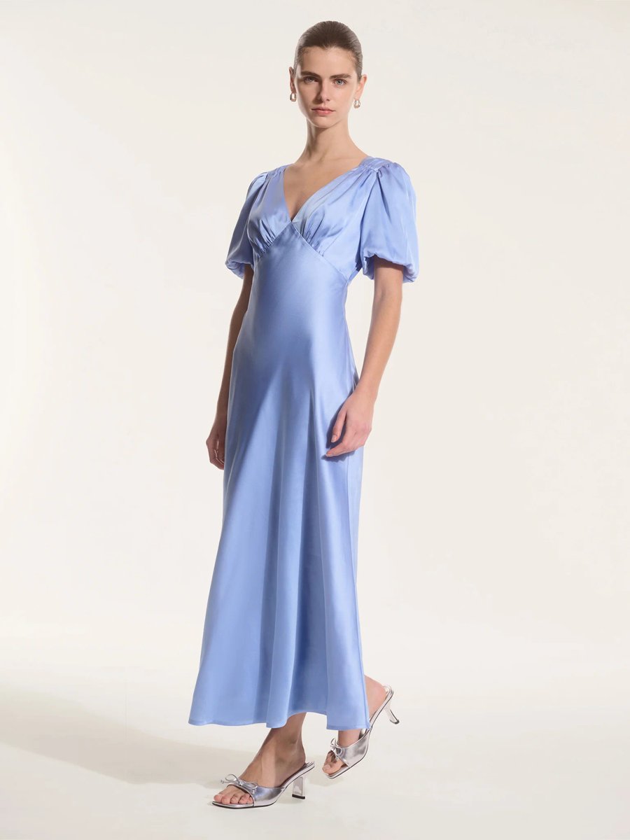 OMNES Rosie Ruched Puff Sleeve Dress in Light Blue - 3