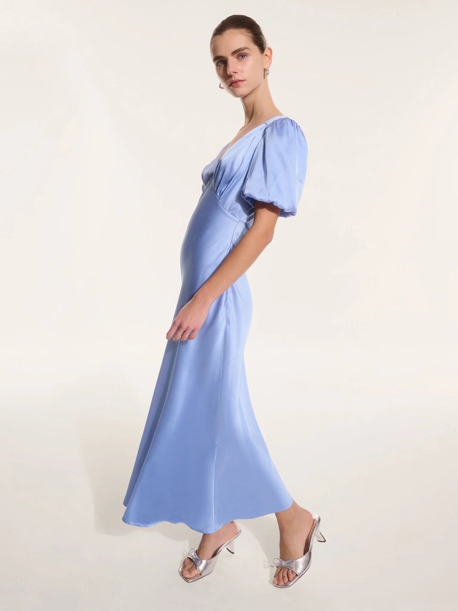 OMNES Rosie Ruched Puff Sleeve Dress in Light Blue - 4