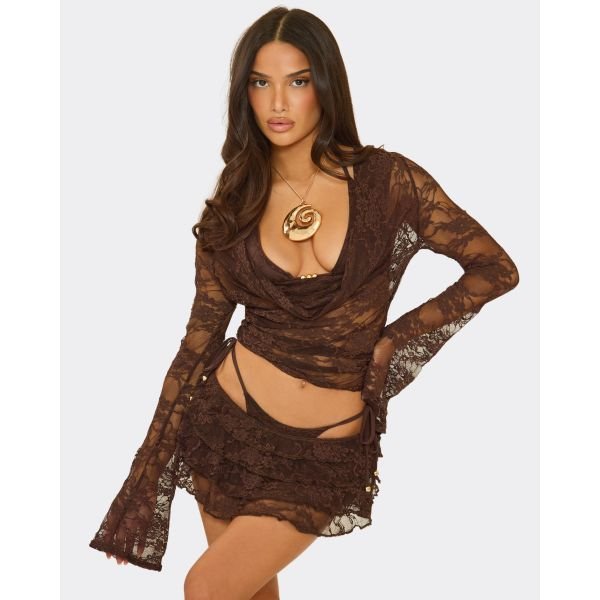EGO Flared Sleeve Cowl Front Beach Top In Chocolate Brown Lace, Women's Size UK 6 - 2