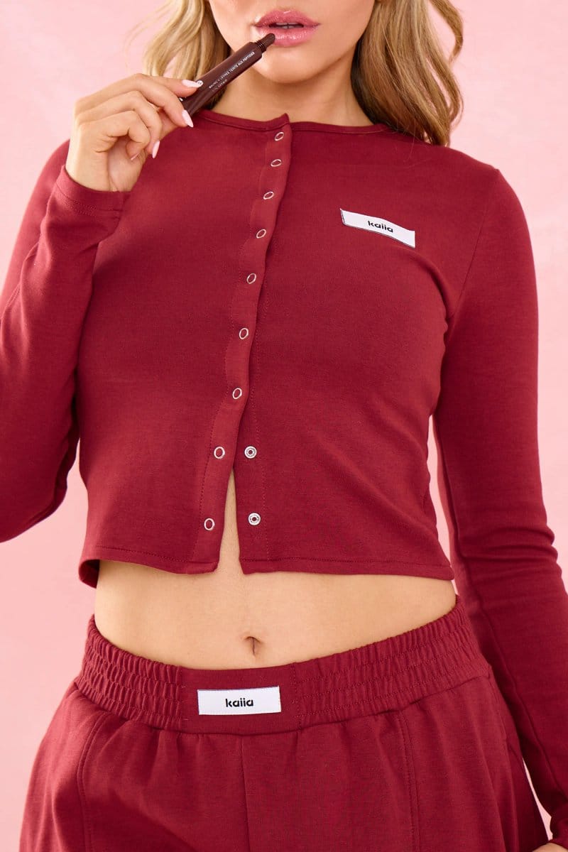 Kaiia Kaiia Label Logo Premium Interlock Seam Detail Wide Leg Joggers Warm Berry - 4