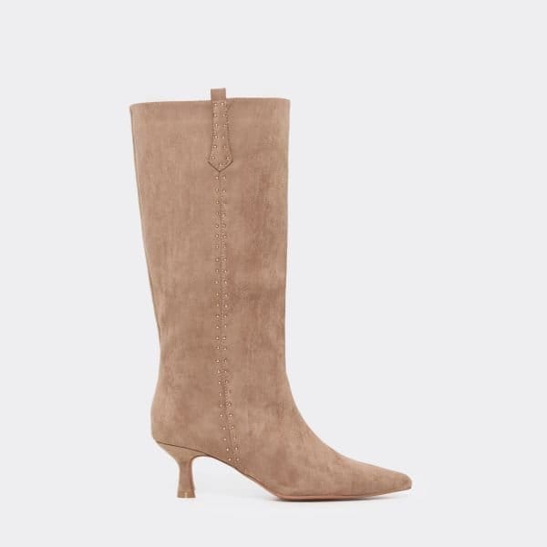 EGO Charter Stud Detail Pointed Toe Knee High Boot In Taupe Faux Suede, Women's Size UK 3 - 1