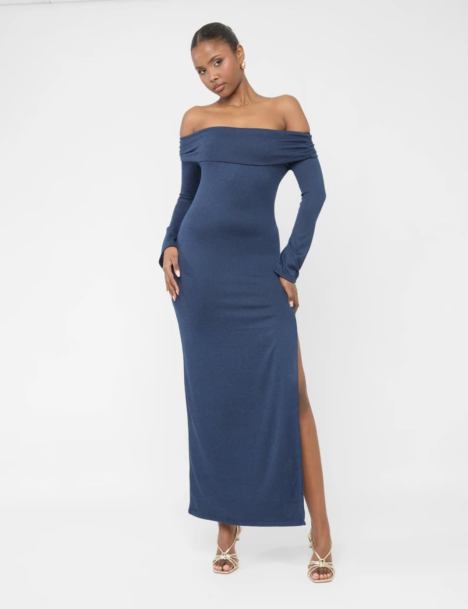 Public Desire Long Sleeve Off The Shoulder Bardot Maxi Dress Navy