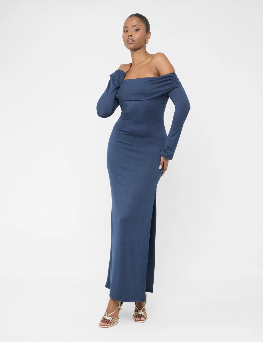 Public Desire Long Sleeve Off The Shoulder Bardot Maxi Dress Navy - 4