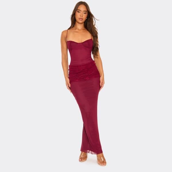 EGO Strappy Cupped Contrast Lace Draped Panel Detail Maxi Dress In Burgundy, Women's Size UK 6