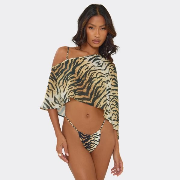 EGO Asymmetric Cape Top In Multi Tiger Print, Women's Size UK 6 - 2