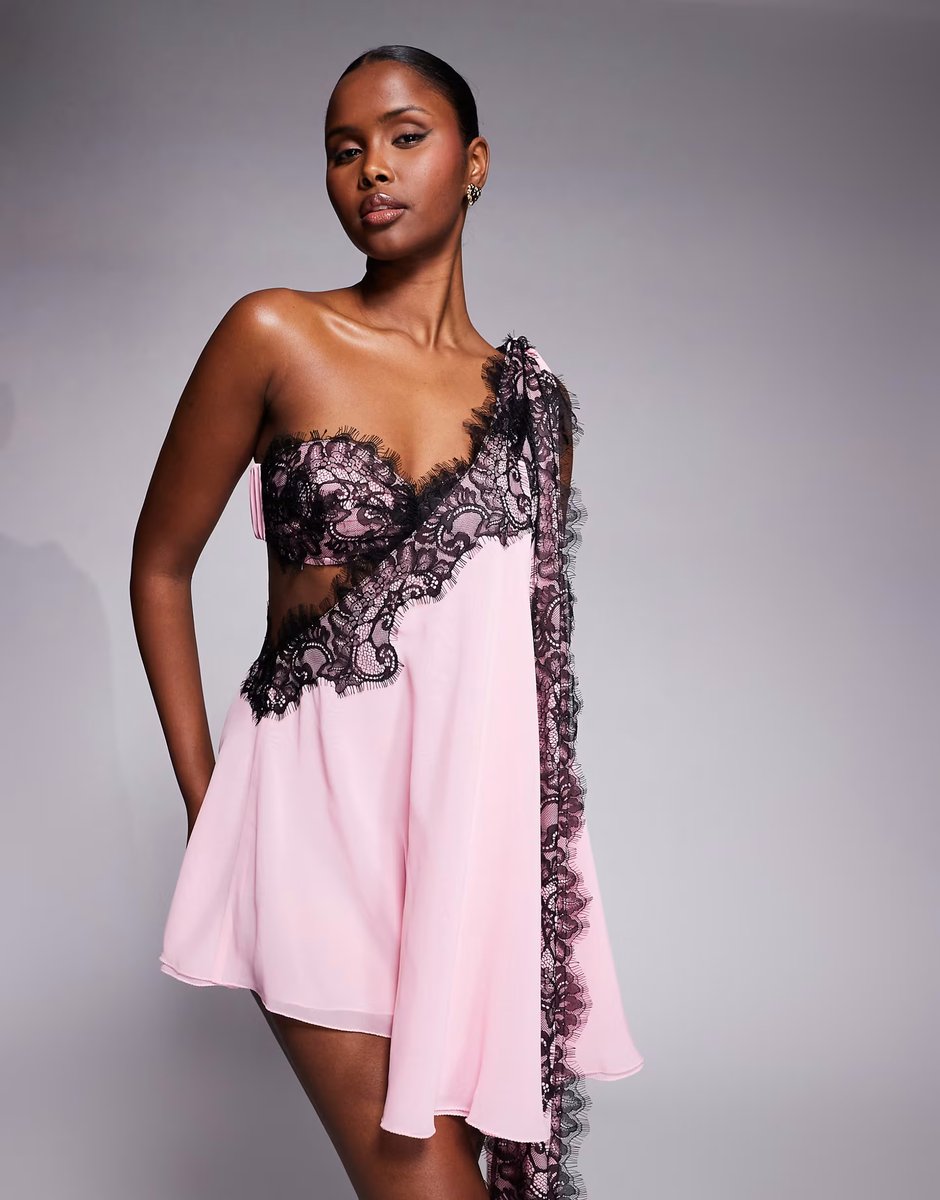 ASOS The Dolls House Circa Anthia chiffon one shoulder lace detail mini dress in pink - 3