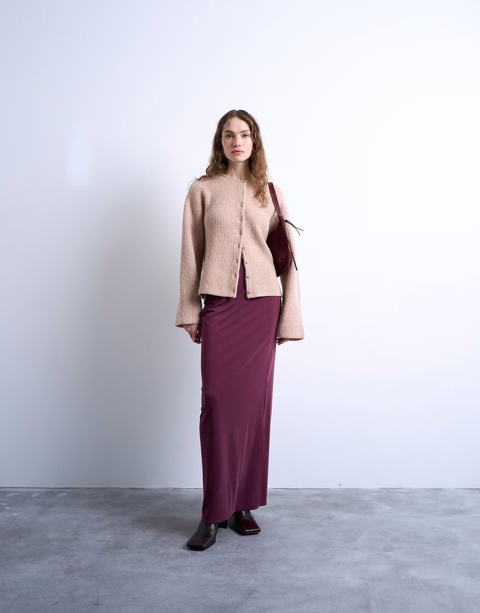 ASOS Topshop cupro ruched maxi skirt with hitch side detail in burgundy - 3