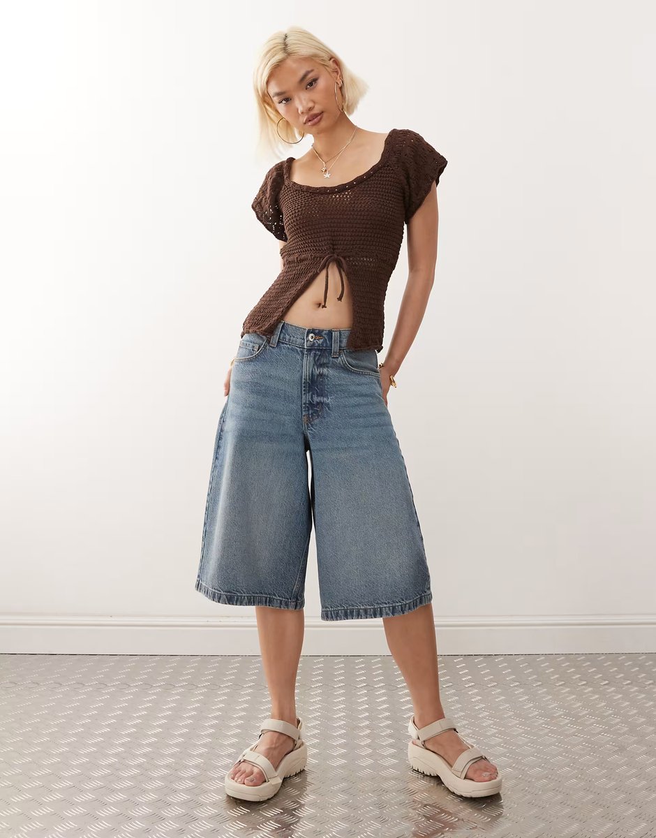 ASOS Reclaimed Vintage crochet knitted split front top in chocolate brown - 3