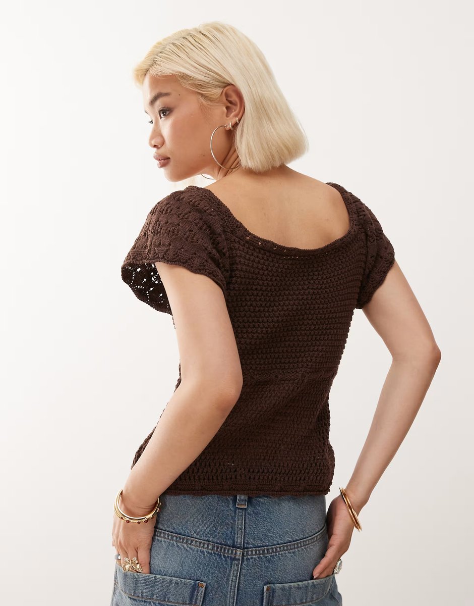 ASOS Reclaimed Vintage crochet knitted split front top in chocolate brown - 4