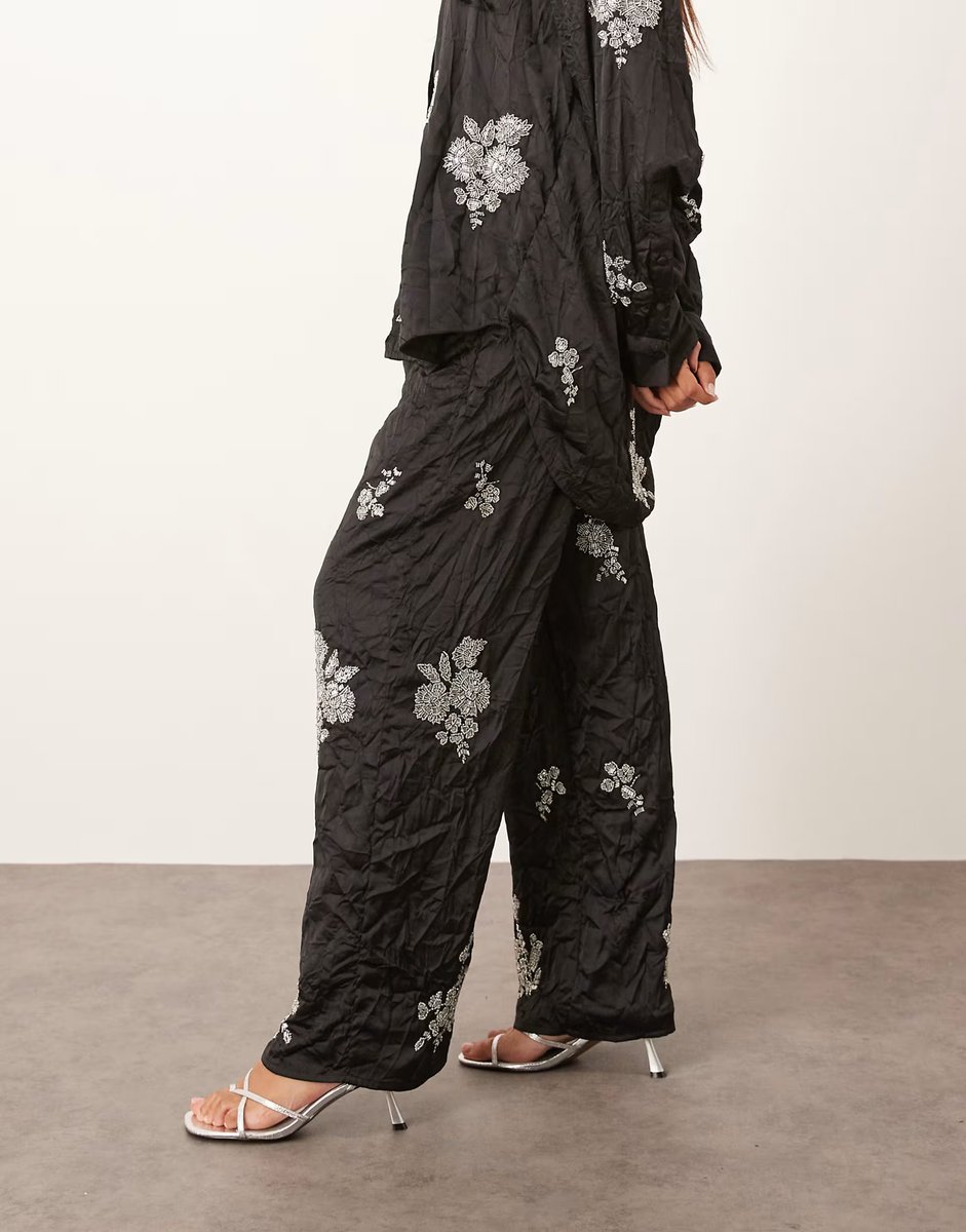 ASOS ARRANGE crinkle satin floral embellished trouser co-ord in black - 3