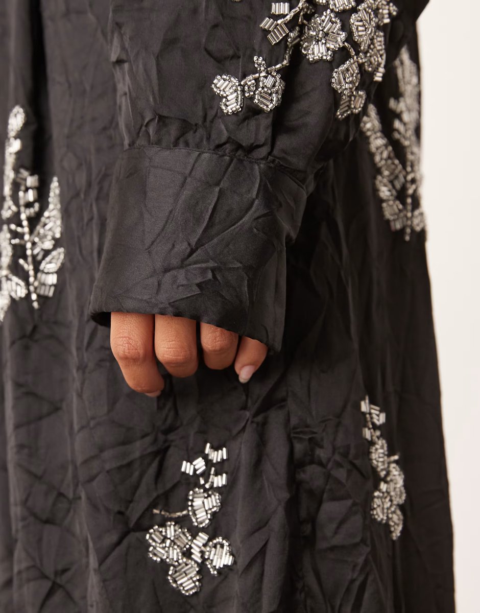 ASOS ARRANGE crinkle satin floral embellished trouser co-ord in black - 4