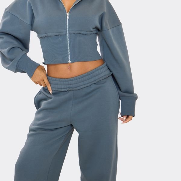 EGO Low Rise Distressed Detail Wide Leg Joggers In Steel Blue, Women's Size UK 6 - 2