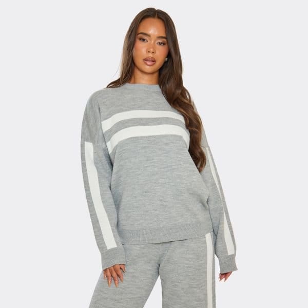 EGO Long Sleeve Contrast Stripe Oversized Jumper In Grey Knit, Women's Size UK Large L - 1