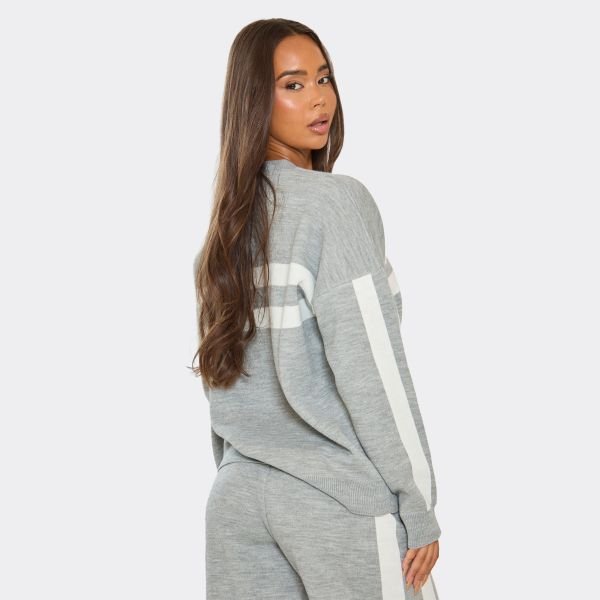 EGO Long Sleeve Contrast Stripe Oversized Jumper In Grey Knit, Women's Size UK Large L - 2