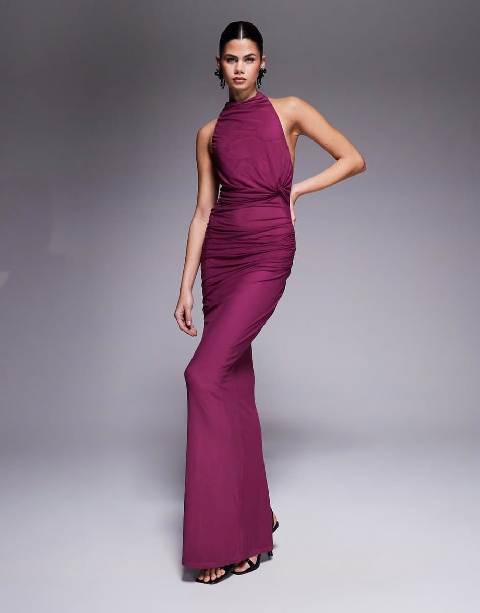 ASOS ASOS DESIGN mesh twist bust detail halter maxi dress with tie back neck in plum