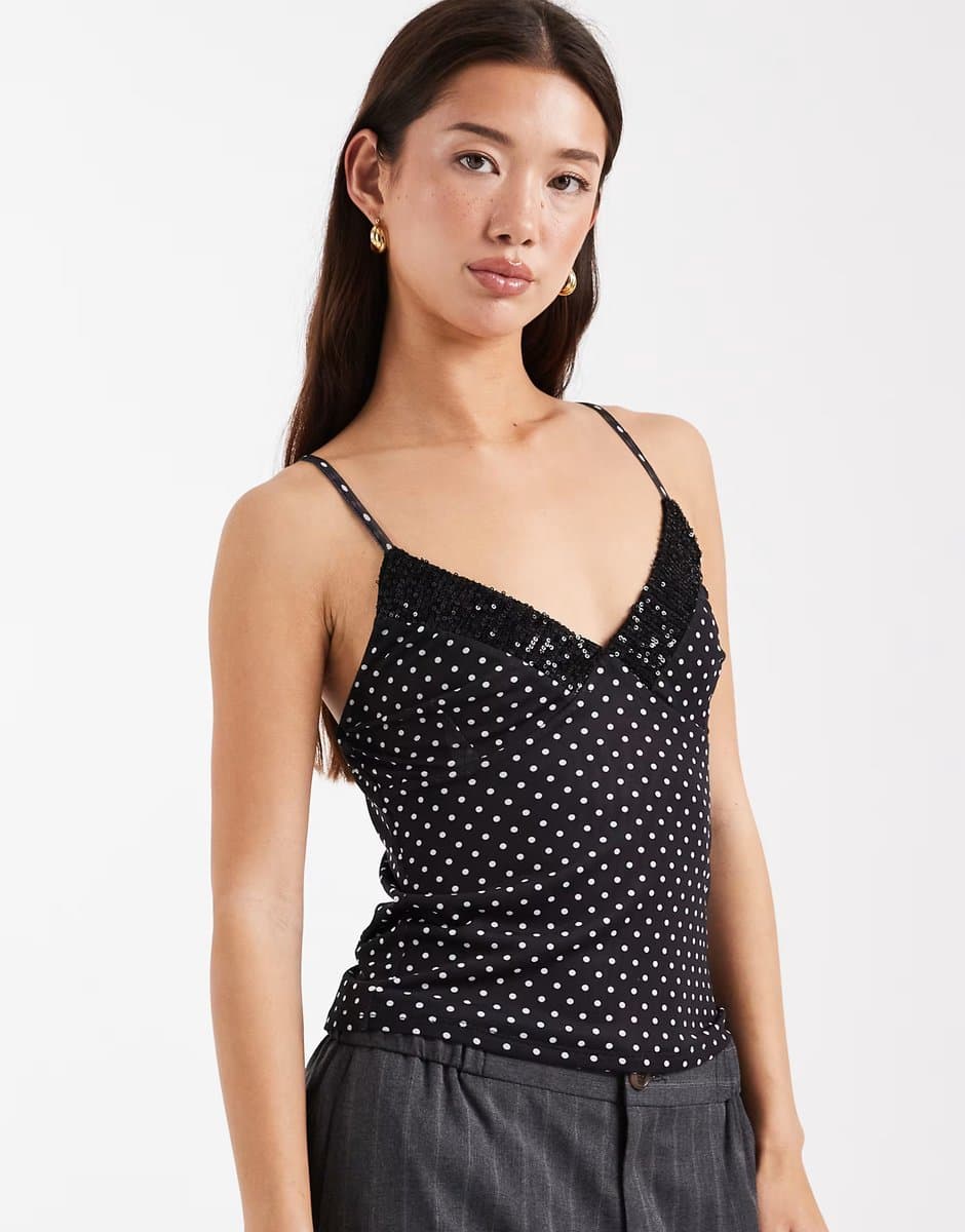 ASOS ASOS DESIGN sequin trim mesh cami top in black polka dot