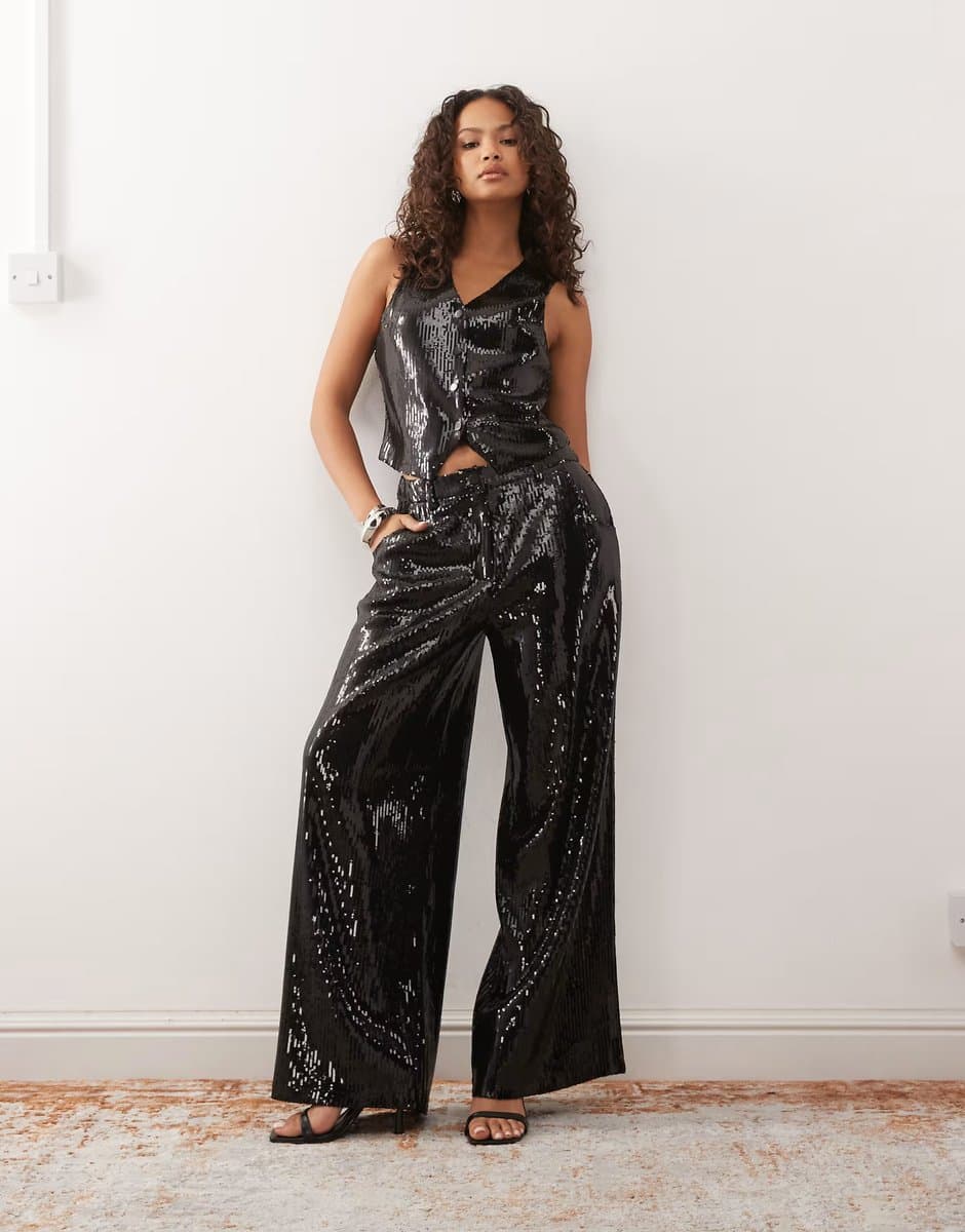 ASOS Reclaimed Vintage wide leg tailored sequin trouser co-ord in black