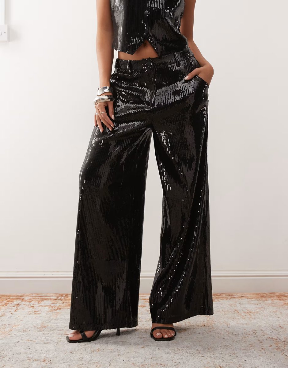 ASOS Reclaimed Vintage wide leg tailored sequin trouser co-ord in black - 3