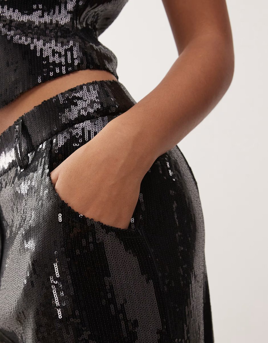 ASOS Reclaimed Vintage wide leg tailored sequin trouser co-ord in black - 4