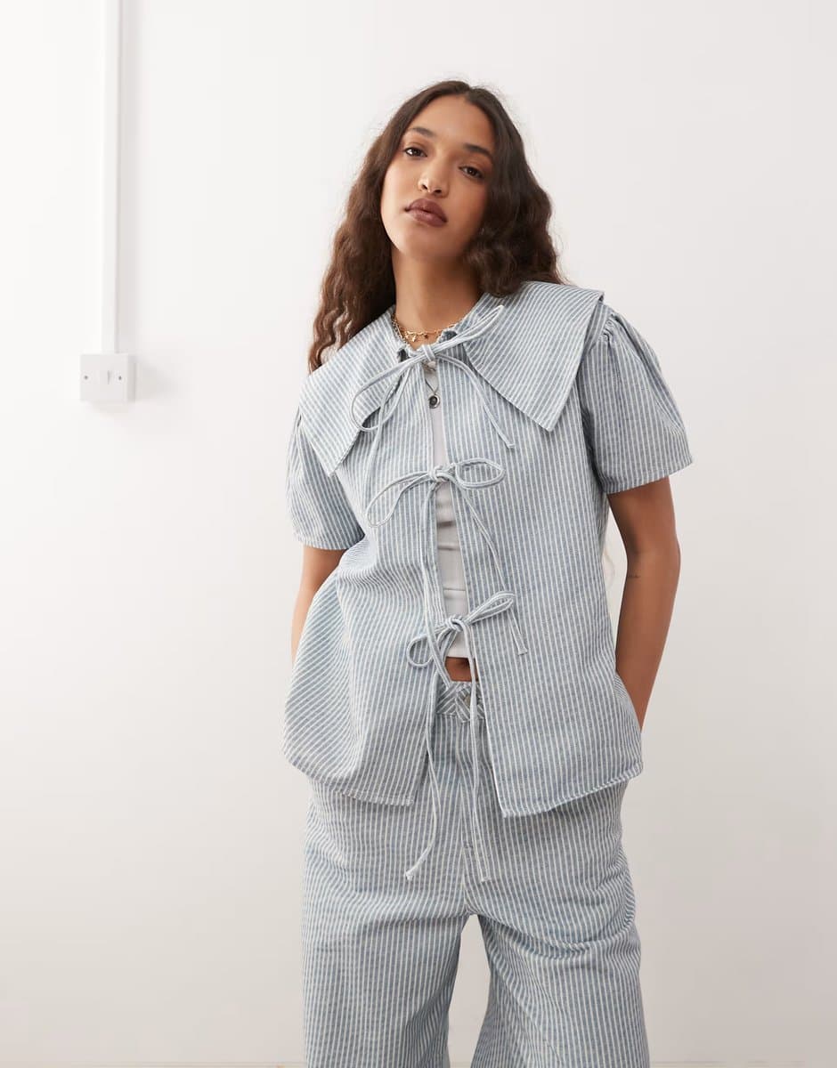 ASOS Reclaimed Vintage tie front denim top with oversized collar co-ord in blue pinstripe 