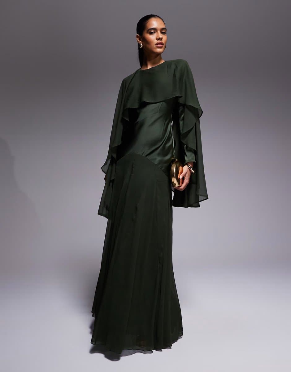 ASOS ASOS DESIGN cape detail ruffle chiffon satin mix maxi dress in dark green
